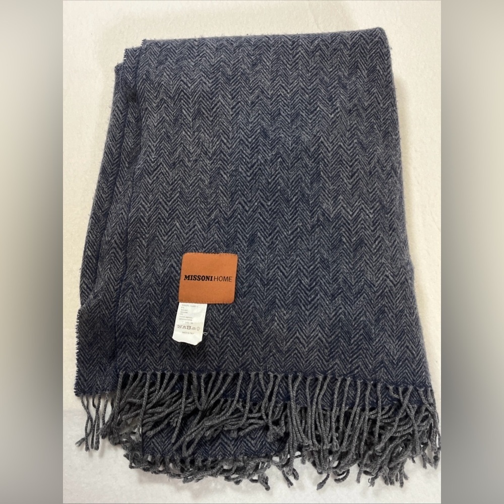 Missoni Home Yoda 50 Throw Blanket Dark Blue Chevron Fringe Trim 50x70